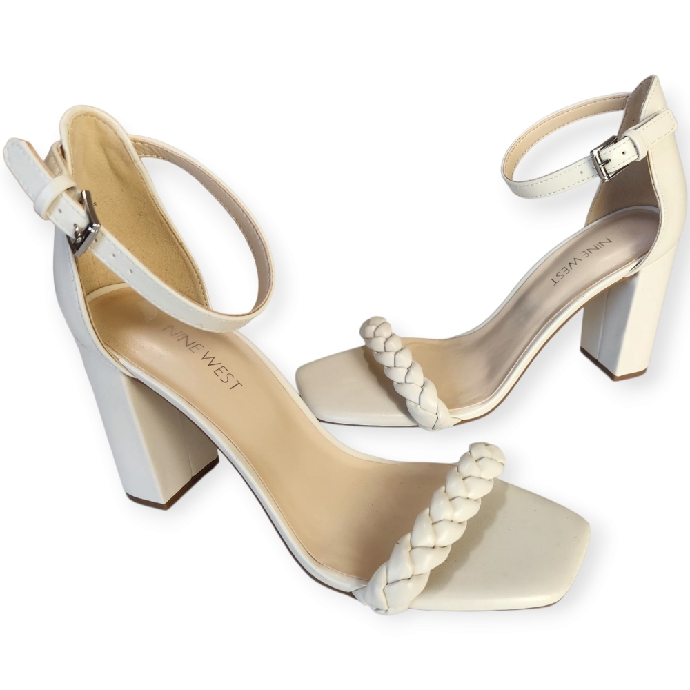 Nine West Nallah3 Ivory Braided Ankle Strap Block Heel Sandals 9M